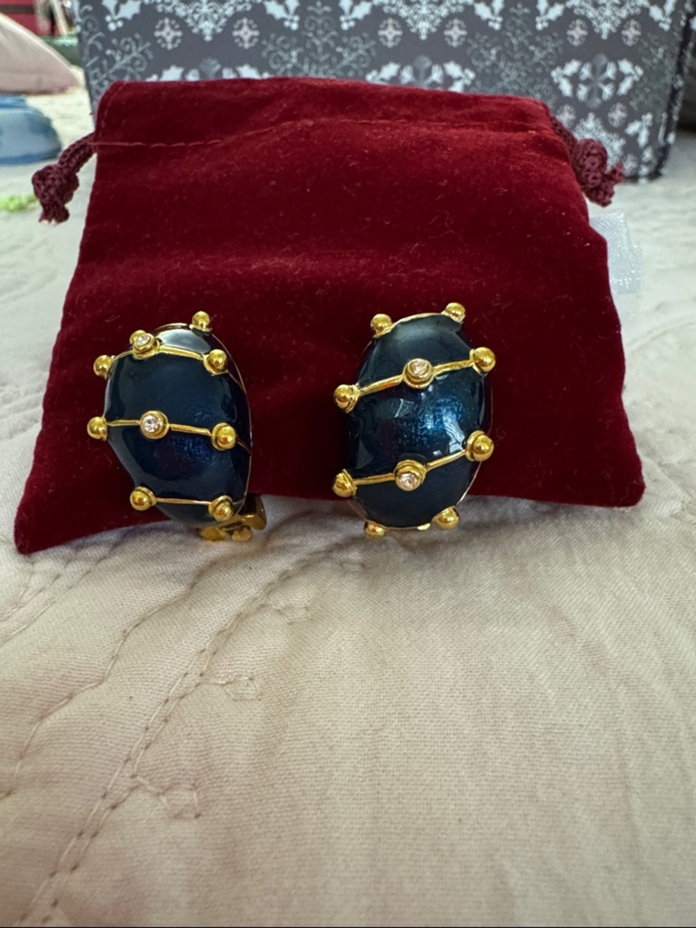 Gold-Accented/diamond Navy Oval Clip Earrings - Women Jewelry